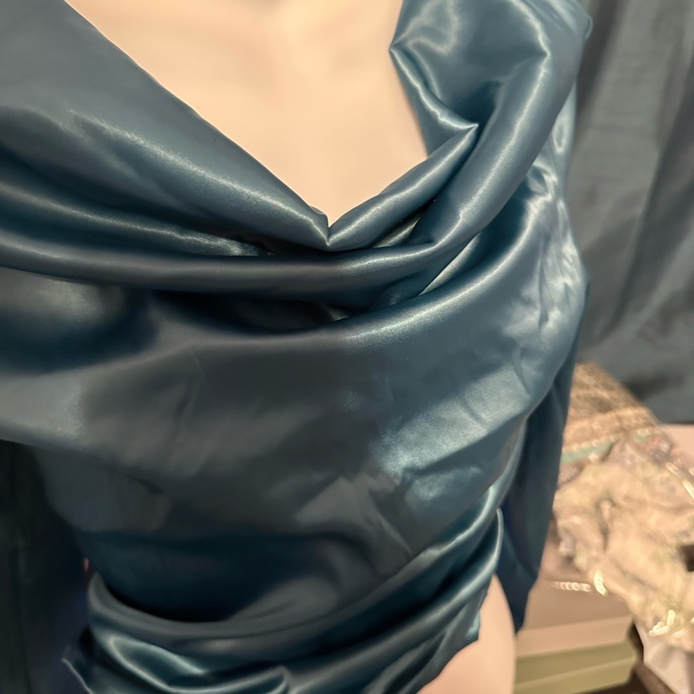 Lulu's Satin Blouse in Deep Teal with Long Sleeves and Open Back and Bow Tie - Picture 6 of 12